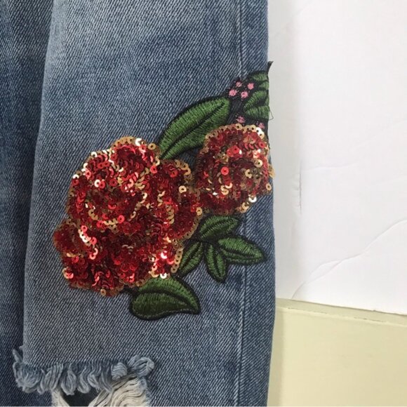 Zara Boyfriend Floral Embroidered Sequins High Rise Jeans Distressed  Roses 2 - Picture 7 of 15
